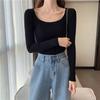 Autumn Winter Women Square Neck Knit Pullover Slim‑Fit Fleece‑Lined Elegant Long‑Sleeve Sweater Low‑Cut Inner Top
