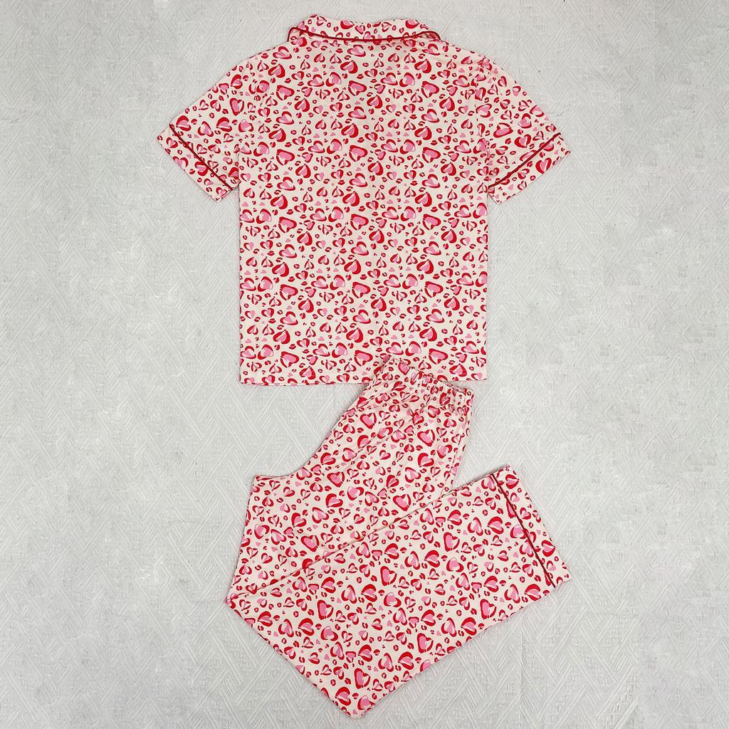 Women’s Plus Size Pajamas Heart Printed Short Sleeves Lapel Button-up Shirts Long Pants 2pcs Sleeping Suits Spring Summer Home Casual Wear