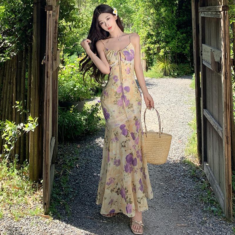 New Holiday Style Dress Women's Summer Lace Hip Wrap Fishtail Skirt Floral Suspender Dress Long Dress