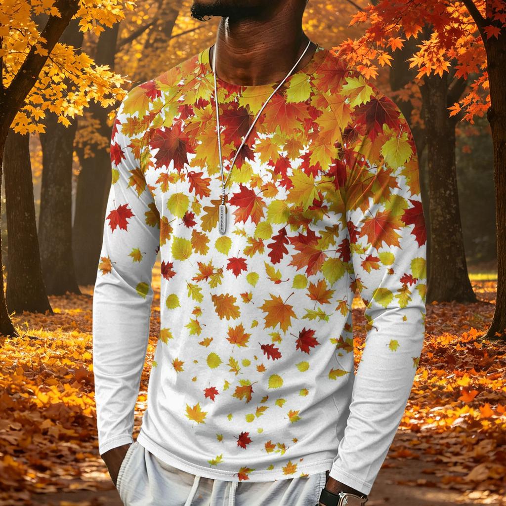 T-shirt da uomo a maniche lunghe con stampa di foglie d'acero, top casual leggero girocollo per autunno e inverno