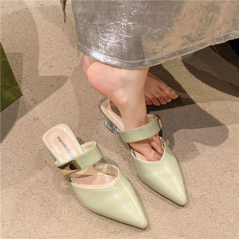 Baotou matcha high-heeled sandals spring new one-word pointed fashion single shoes women's thick-heeled slippers