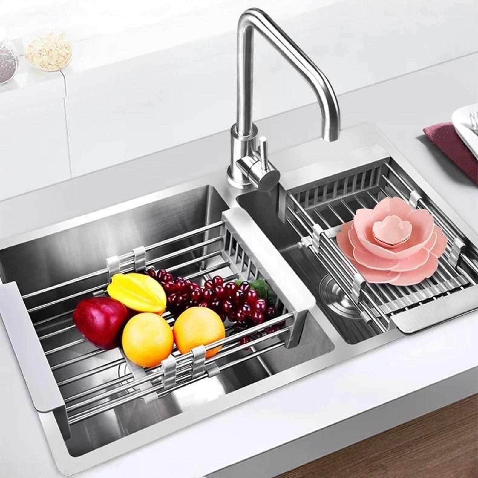 Extendable Stainless Steel Sink Basket Adjustable Kitchen Dish Vegetable Drying Rack one size