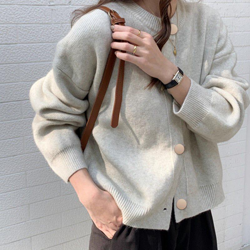 Damen Strick-Cardigan im koreanischen Stil mit Rundhalsausschnitt - Einreihig, Unifarbe, Lockere Passform, Pullovermantel für Herbst/Winter.