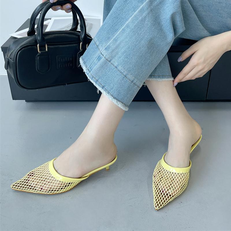 Fashion SUOJIALUN Women Slipper Fashion Pointed Toe Slip On Ladies Elegant Mesh Mules Shoes Thin High Heel Outdoor Sandal Big Size 41
