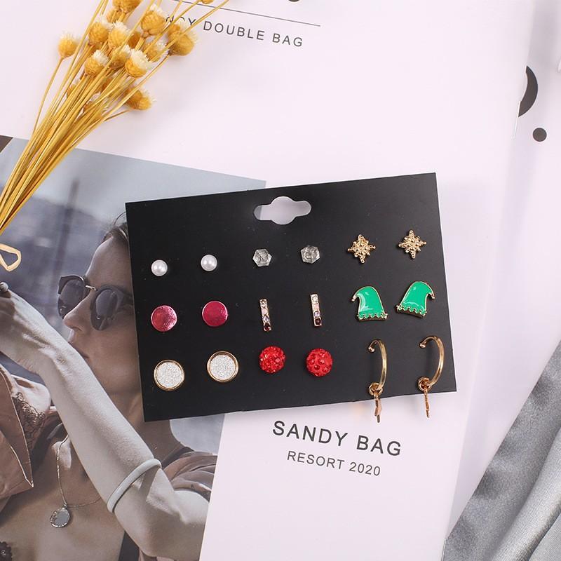 Christmas stud earrings combination new cartoon holiday alloy dripping elk old man bell earrings set