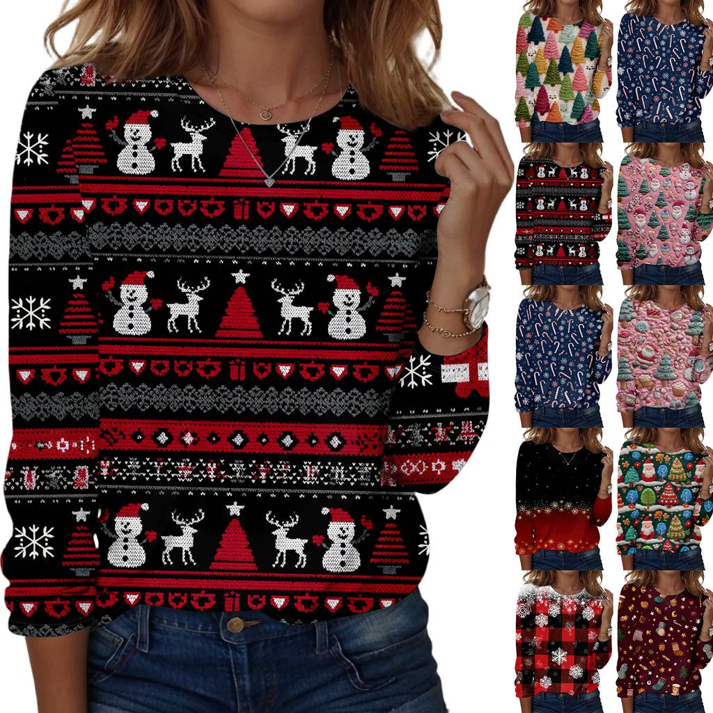 Women's Fashion Casual Long Sleeve Christmas Printed Round Neck Top