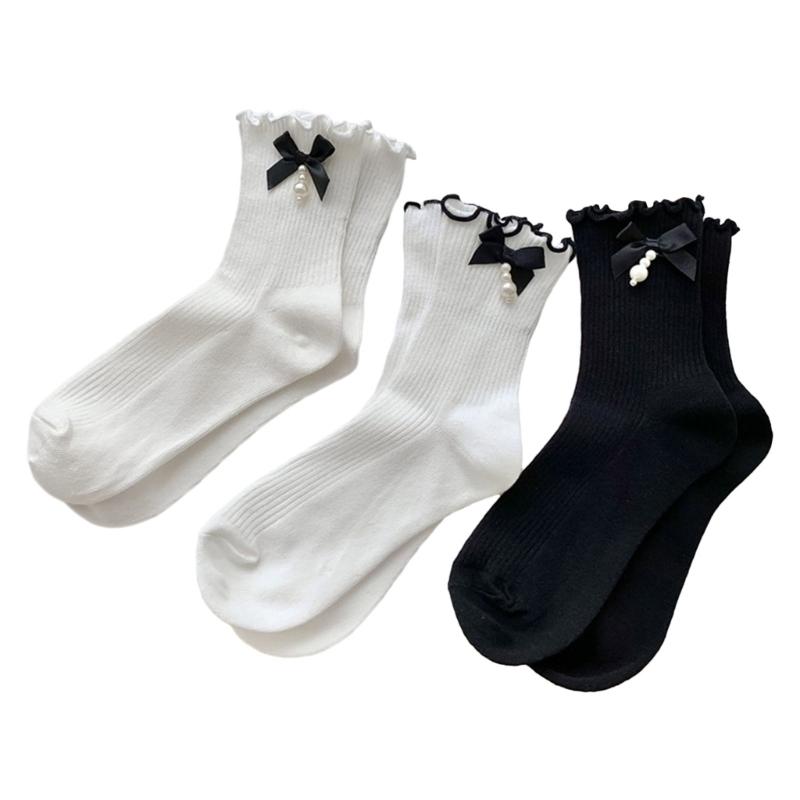 Fashion Harajuku Middle Tube Frilly Socks Women Girls School Student Cute Pearls Bowknot Ruffke Trim Cotton Ankle Socks