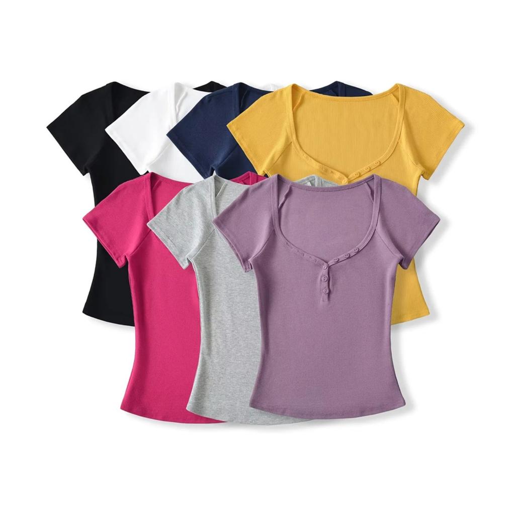 Women's Sweetheart Neck Short Sleeve T Shirt Slim Fit Basic Solid Color Tee