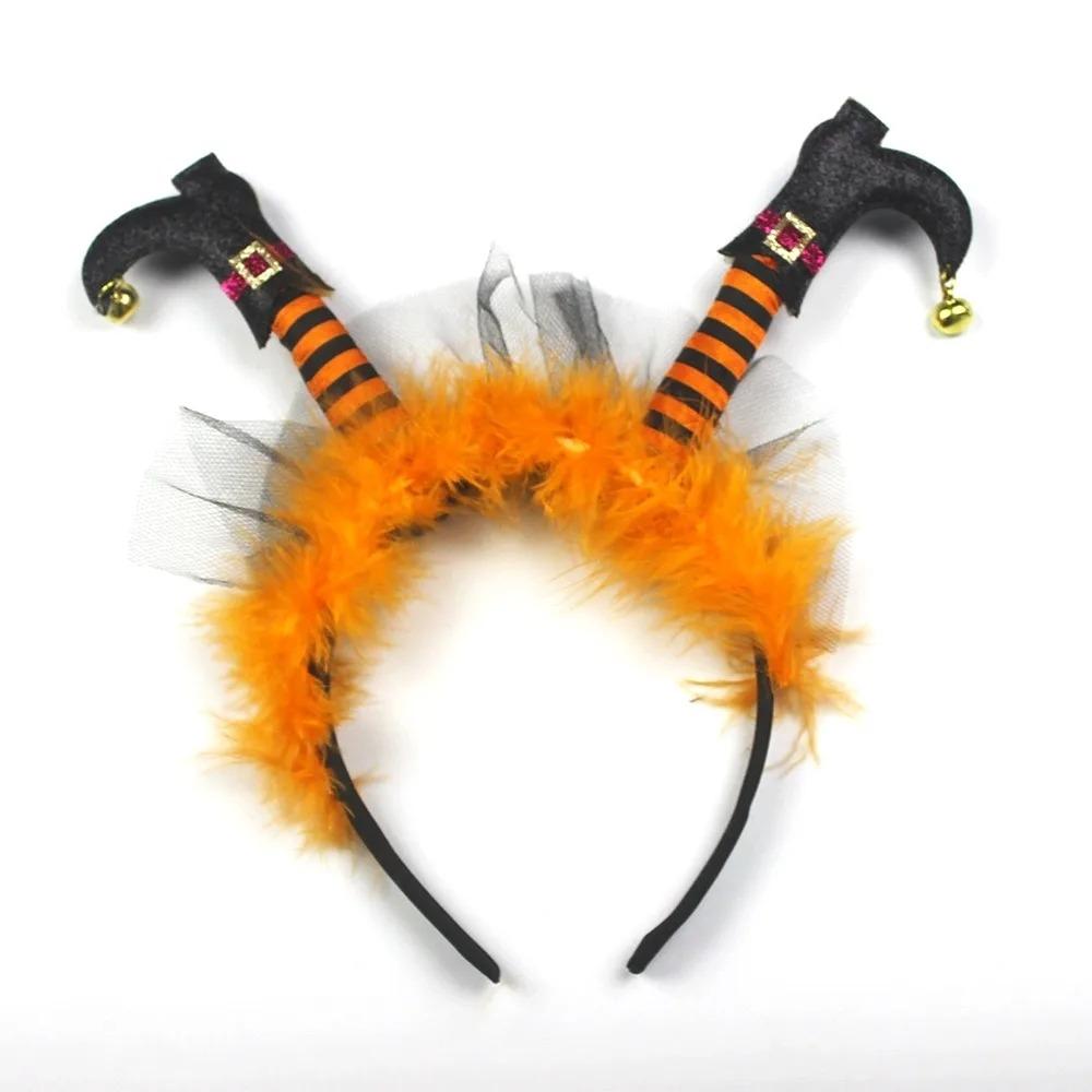 Halloween Witch Boot Headband Feather Tulle Hair Hoop with Bells Cosplay Party Costume Hair Accessories for Halloween Decoration