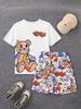 Neues Herren Sommer Teddybär Graffiti Print Weiches Atmungsaktives Rundhals T-Shirt mit Kordelzug Shorts Set Freizeitkleidung für Draußen