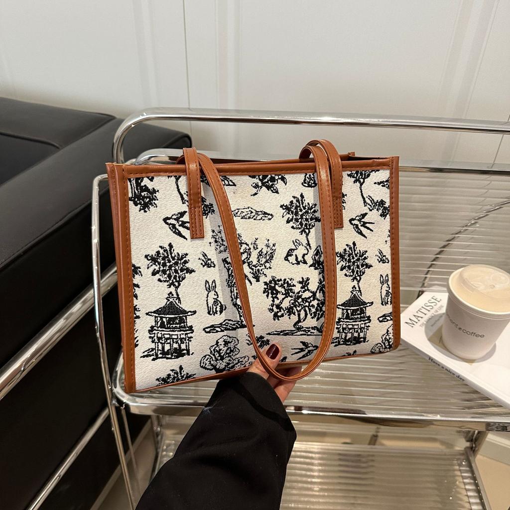 National style ink painting bag 2025 spring new antique fashion large capacity shoulder bag feeling women's bag tote bag women