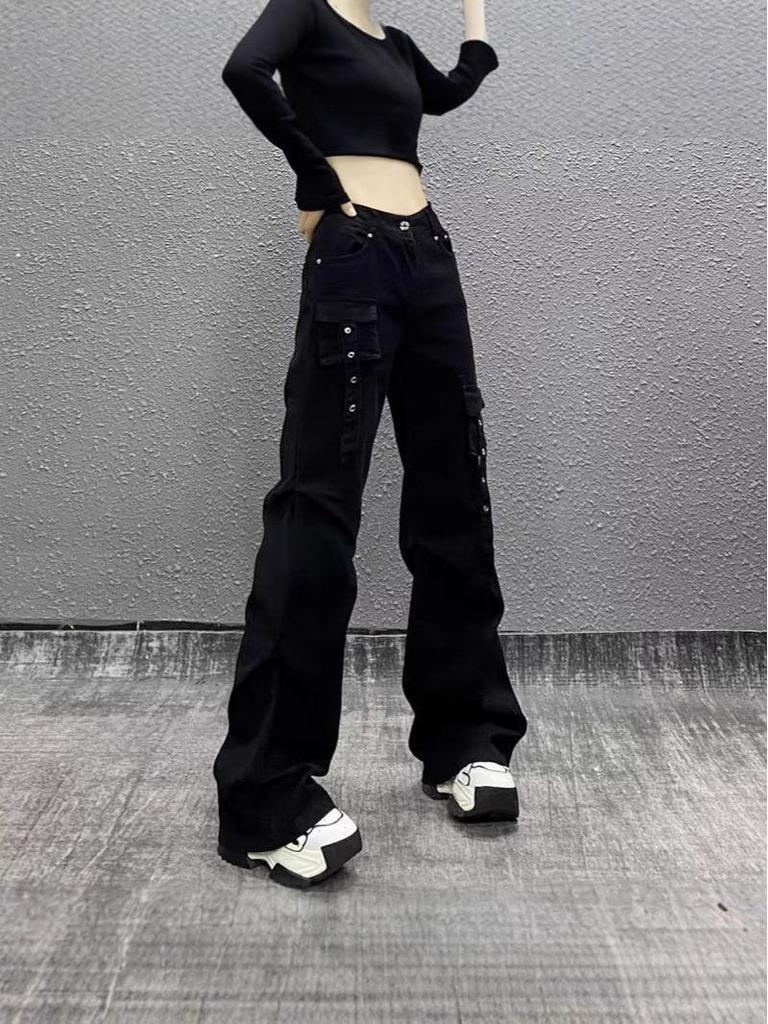 Women's Multi-Pocket High Waist Workwear Jeans - Autumn Loose Slimming Straight Leg, Versatile Wide-Leg Floor-Length Pants