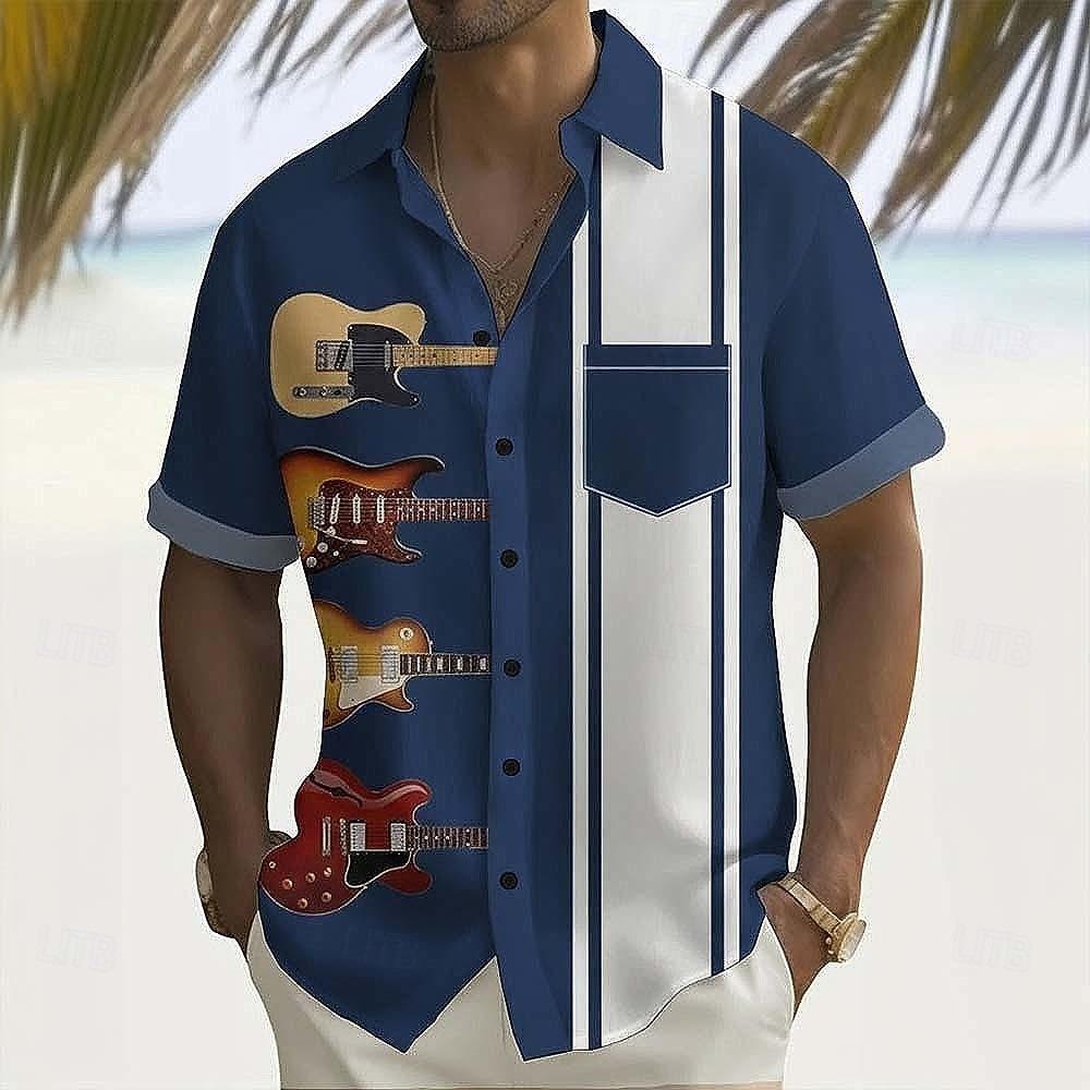

Men s Guitar Musical Notes Print Shirt Casual Short Sleeve Button Up Summer Tops With Pocket S