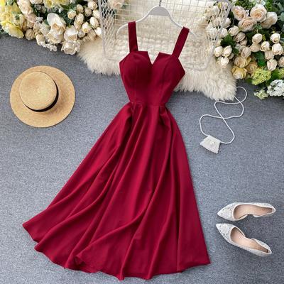 Yaz Moda V Yaka Açık Geri kemerli elbise Vintage Katı Ton Bel Ince Yüksek Bel Salıncak Uzun Parti Elbise