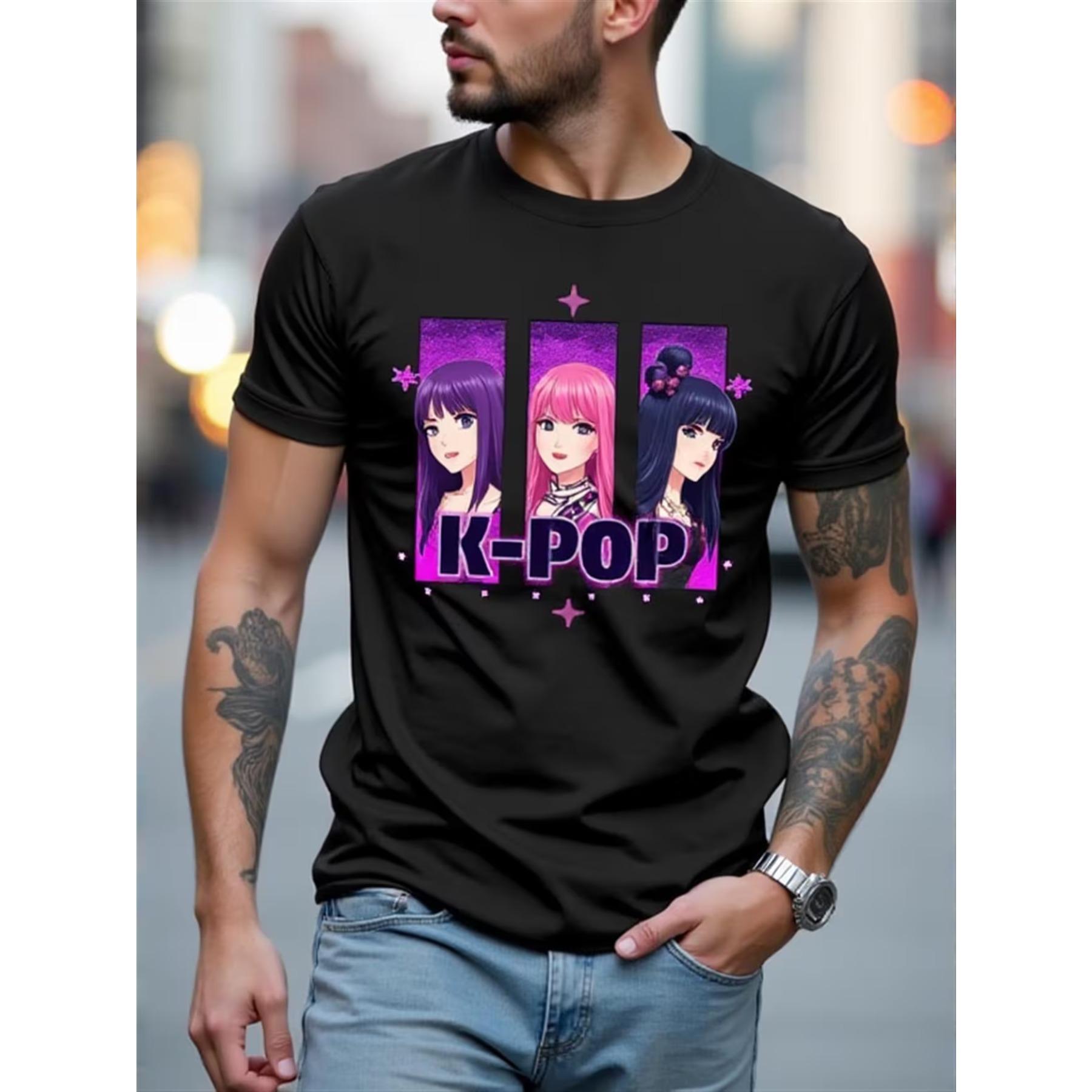 

MenS Short-Sleeve T-Shirt Stylish K-POP Pattern Comfortable Ideal for Casual Outings XXL чорний