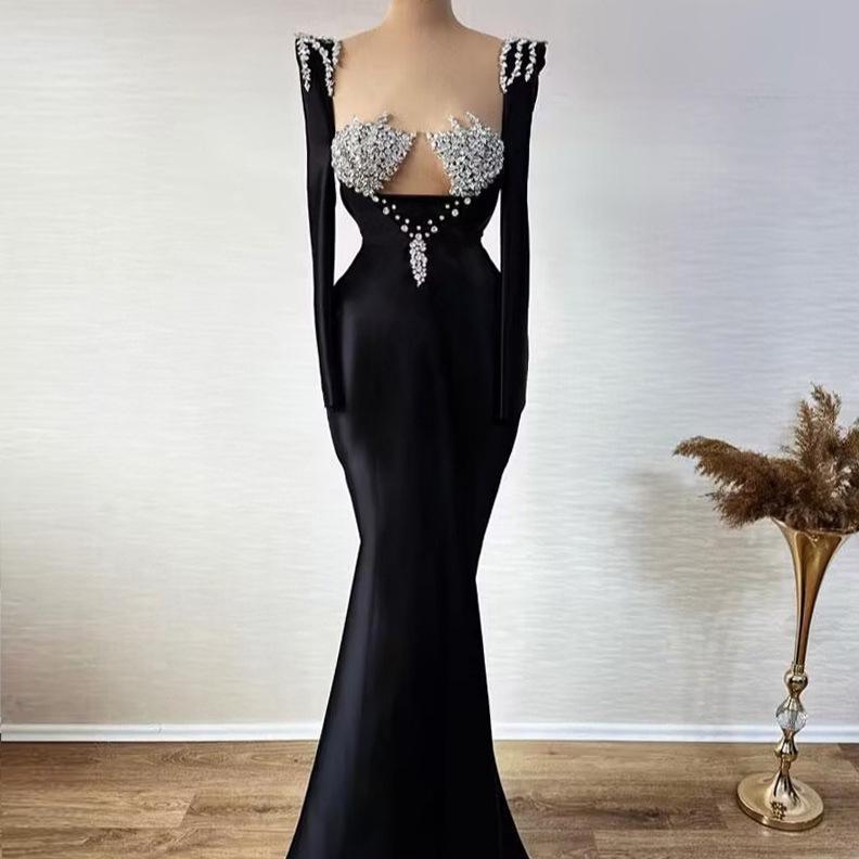 European & American Rhinestone Inlaid Stand-up Collar Bandage Evening Dress, 2025 Luxury Style.