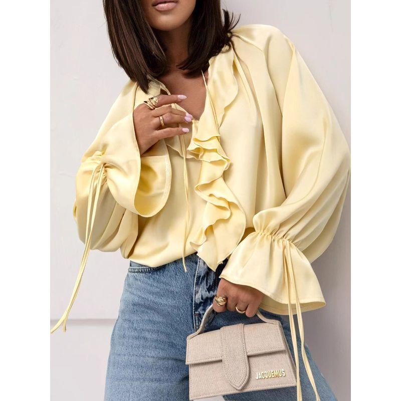 Long Sleeve Shirts Versitile Fashion Frill Flare Sleeve V-neck Lace Up Women Shirts Shirt Women