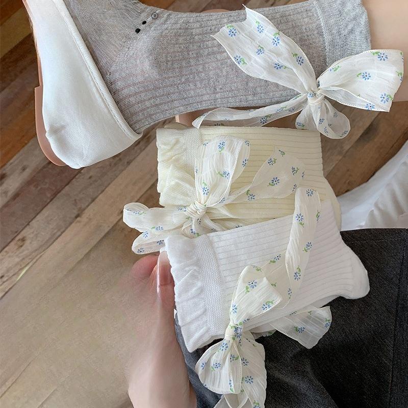 Floral Bow Mid-calf Socks for Women Spring and Summer, Thin Mesh Drawstring Women's Lace Pile Socks