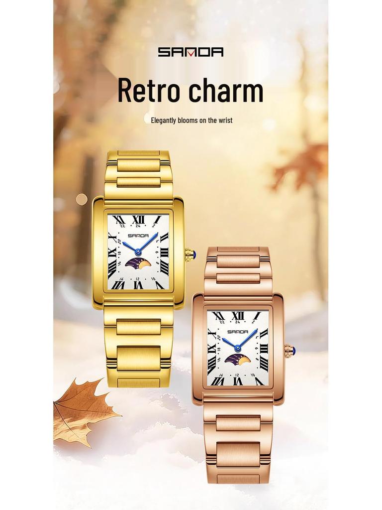 Sanda Women's Retro Quartz Waterproof Watch with Roman Numerals, Moon Phase, and Light Luxury Design - Square Model 9122.