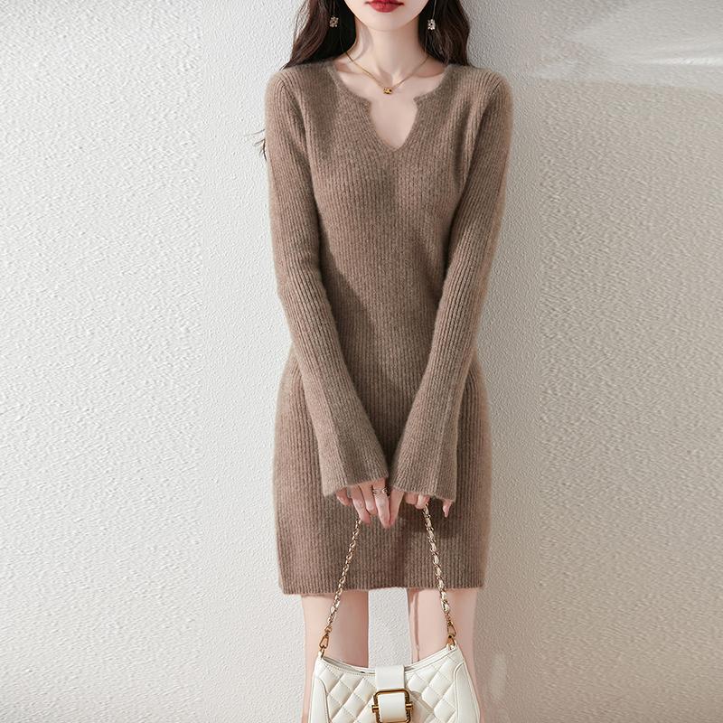 Women Sweater Dress 100% Wool V-neck Knit Long Pullover Winter Jumpers Wool Long Dress Female