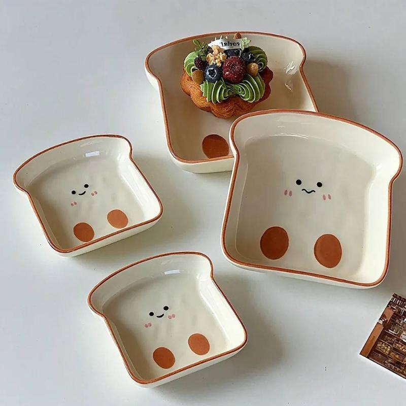 1 Cute Toast-Shaped Ceramic Plate Korean Ins Cartoon Tableware For Home Afternoon Tea Dessert Cake Snack Plate
