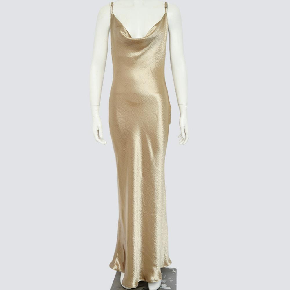 Women's Cowl Neck Sleeveless Midi Dress Fitted High Waist Elegant Satin Spaghetti Strap Backless Evening Dress