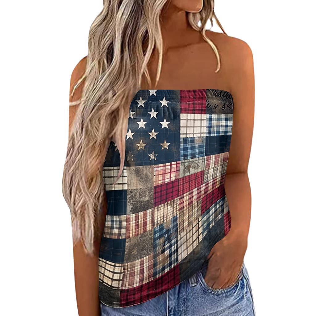 Women's Summer Sexy Strapless Off-Shoulder Elastic Band Design Independence Day Print Top