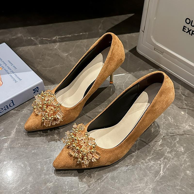 Fashion Women's Fashion Slim Heel Shoes Spring New Pointed Head Shallow Mouth Suede Crystal Anti-slip Wear-resistant High Heels