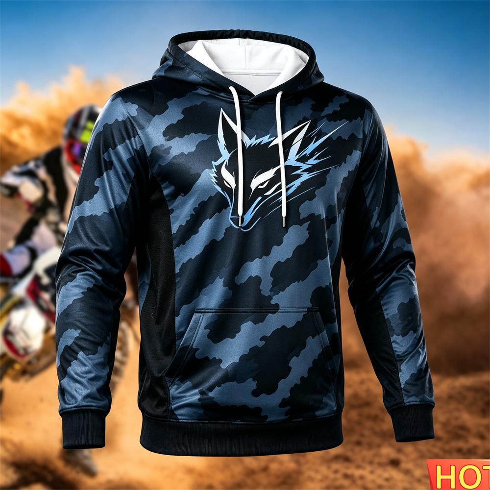 Autumn/Winter Men's Racing Hoodie Outdoor Cycling Hooded Pullover Fox Pattern Pocket Hoodie Sports Motorcycle Hooded SweatshirtsUnisex Woman's