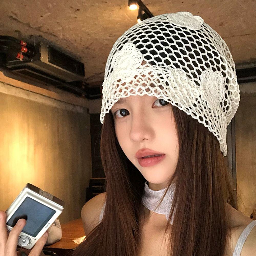 Cute Lace Beanies Hat Handmade Flower Knitted Hat Retro Weave Cap Apparel Accessories