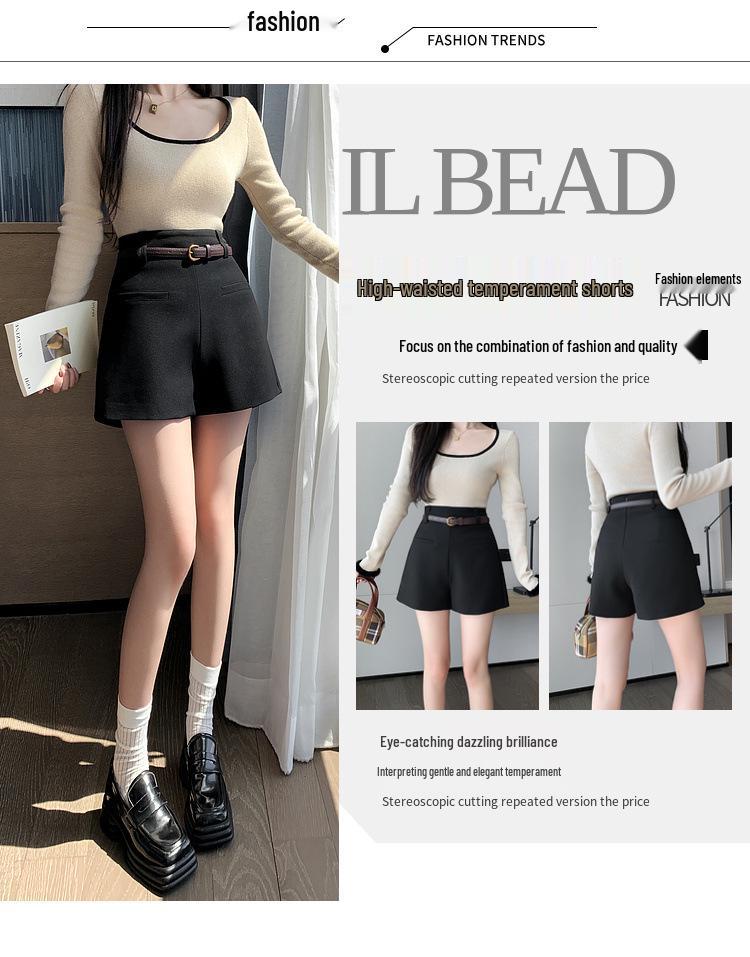 Dámské černé volné A-line šortky k obleku s vysokým pasem a rovnými nohavicemi - Korejský styl, jarní/letní ležérní nošení