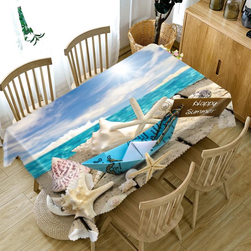 Thicken Cotton Tablecloth Big Conch Starfish On The Beach Pattern Rectangular Round Table Cloth For Wedding Picnic Party