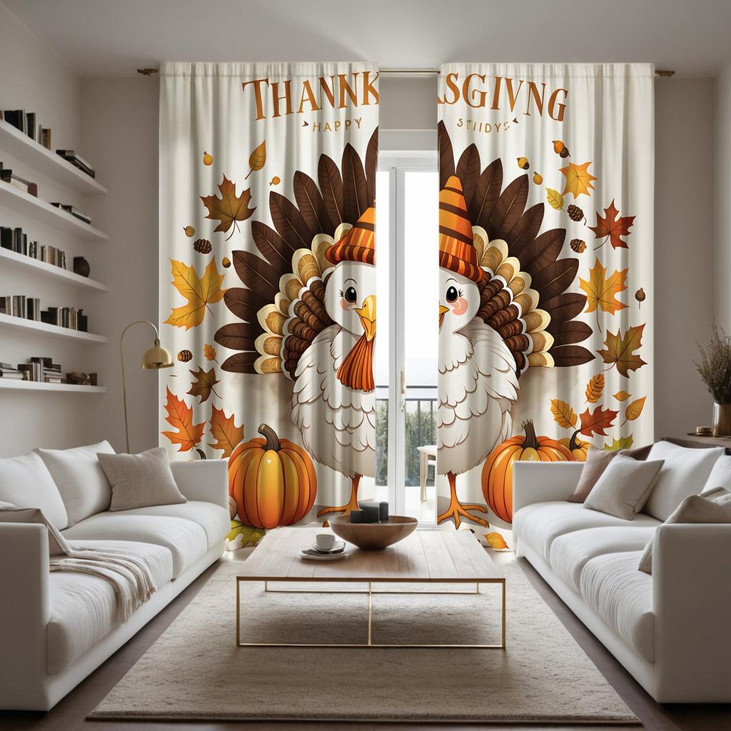 2pcs HD Thanksgiving pumpkin Turkey curtain Green white tie digital printed curtain Home Decor style Decorate living room bed