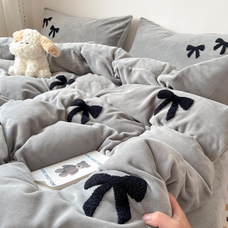 Bow High Gram Weight Thickened Milk Fleece Towel Embroidery Four-Piece Set Bed Sheet Quilt Cover Bedding Three-Piece Set