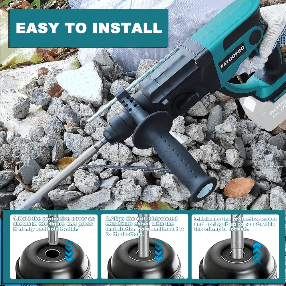PATUOPRO 28mm Brushless Rotary Hammer Drill 3-Mode Variable Speed Hammer Drill Chiselsing Power Tool For Makita 18V Battery