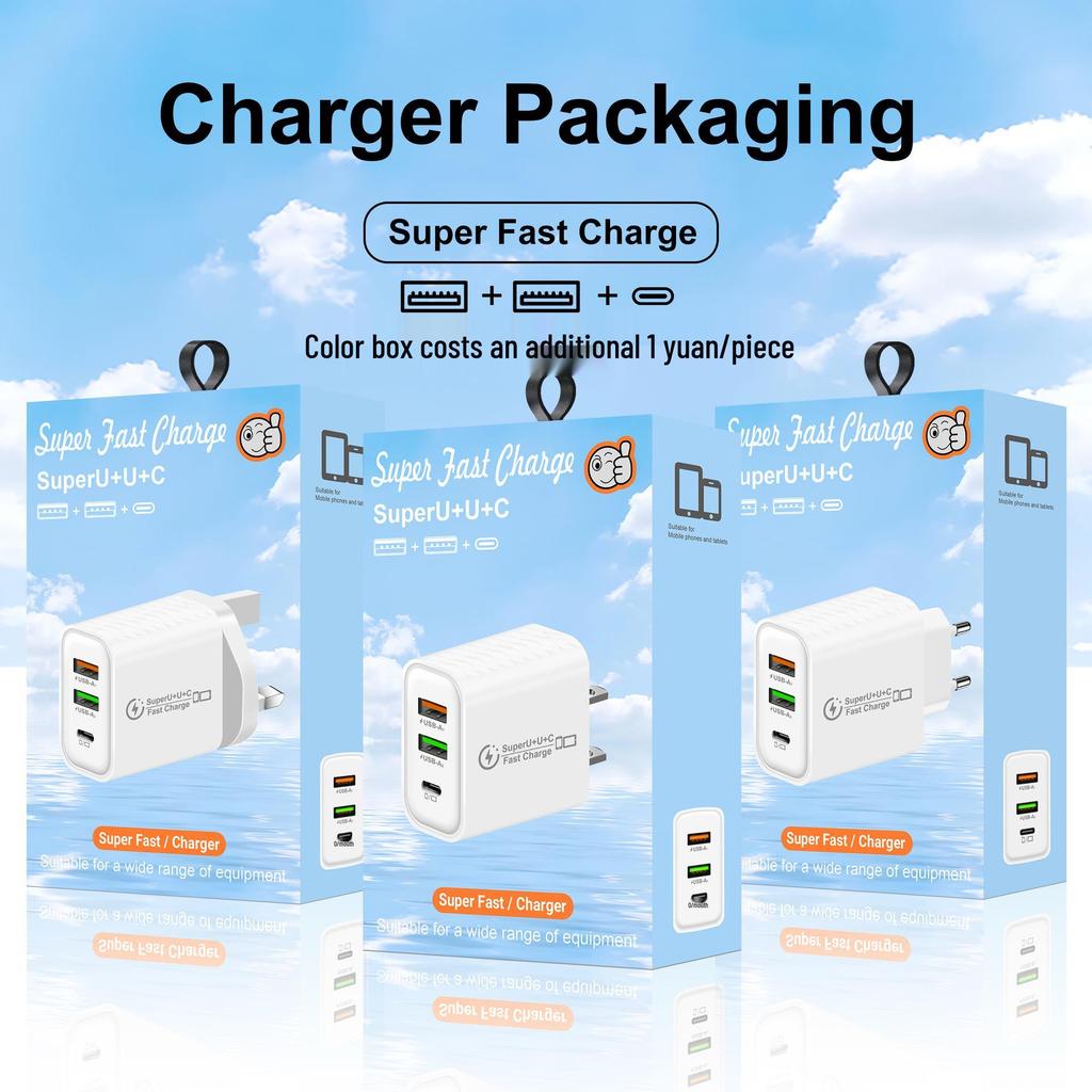 Multi-port Type-C Phone Charger with EU/US/UK Plugs, Compatible with Apple, Xiaomi, Samsung Devices