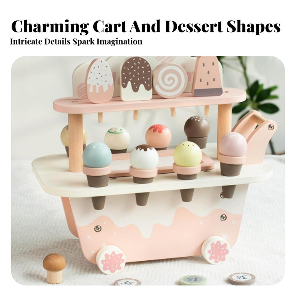 Pretend Ice Cream Cart Wheeled Wooden TwoLevel Play Treats Set for Kids