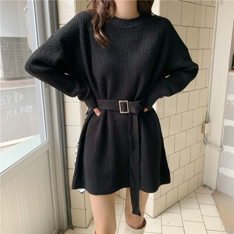 Women's Knit Dress Autumn Winter Simple Midi Sweater Dress Slim Fit Pullover Sweater Dress with Belt