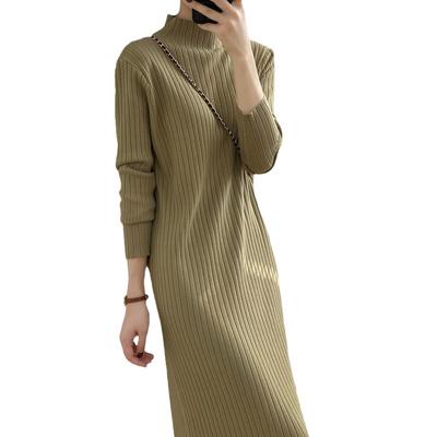 Jeseň Zima Nové Jednofarebné Polovičný Vysoký Golier Dlhý Rukáv Módne Pletené Šaty Dámske High Street Ležérne Šaty Elegantné Šaty