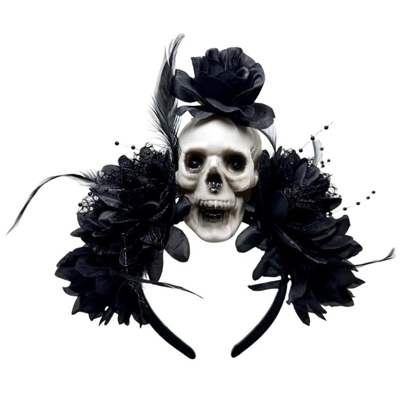 Halloween Party Skull Headpiece With Punk Flower Decors Comfortable Hairband For Adult Costume Event Gathering Headwear