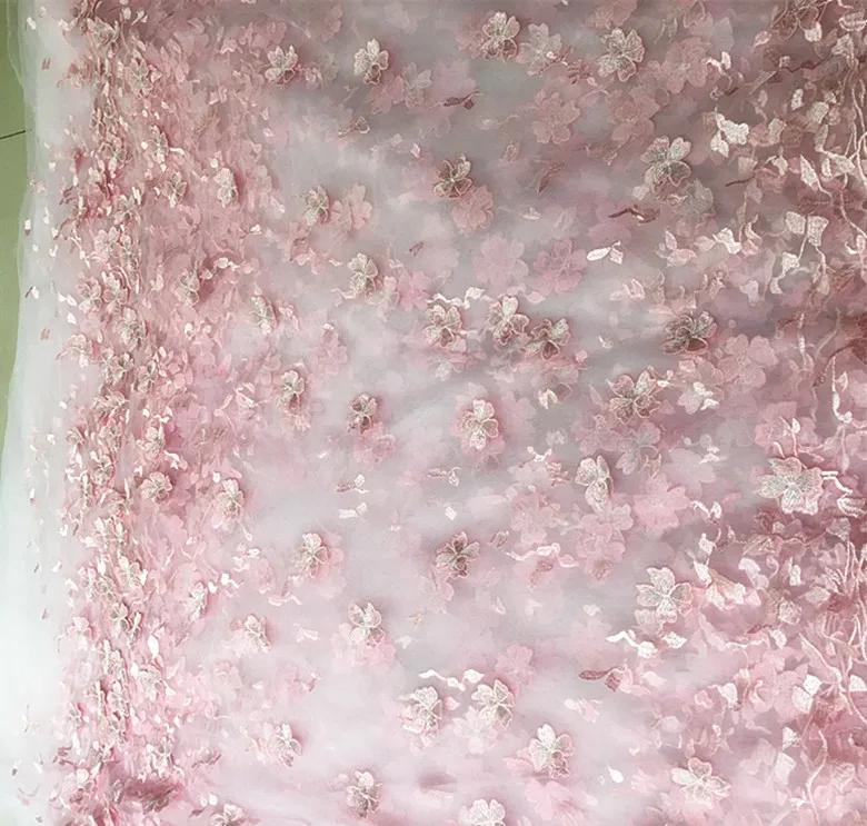 50x125cm Bleu Clair Rose Broderie Dentelle 3D Fleur Tissu Tissu pour Robe Vêtement Fond pour Mariage Senior Tournage en Direct