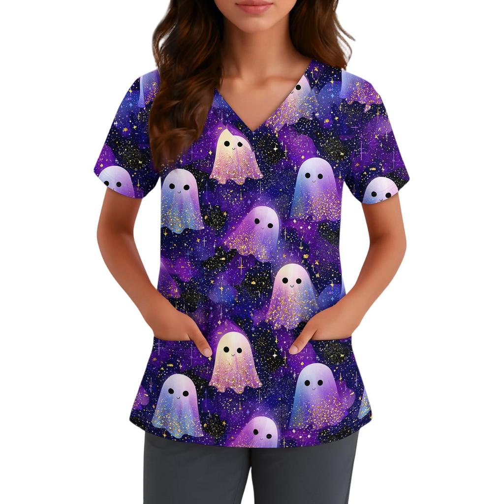 Women V Neck Short Sleeve Printed Top with Pockets Halloween Pattern Comfortable Fit for Healthcare Professionals