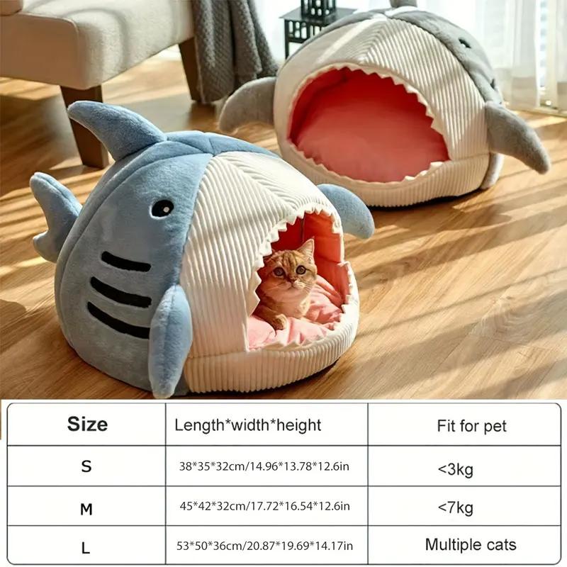 Pet Tent Cave Bed Cartoon Shark Cat Cave Beds for Cats Small Dogs Foldable Removable Non-Slip Semi-Closed Design Pet Hut Goods