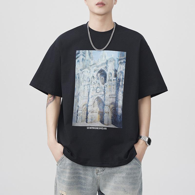 Summer Heavy 300g Embroidered Short-sleeved T-shirt for Men's American Loose Japanese Casual T-shirt