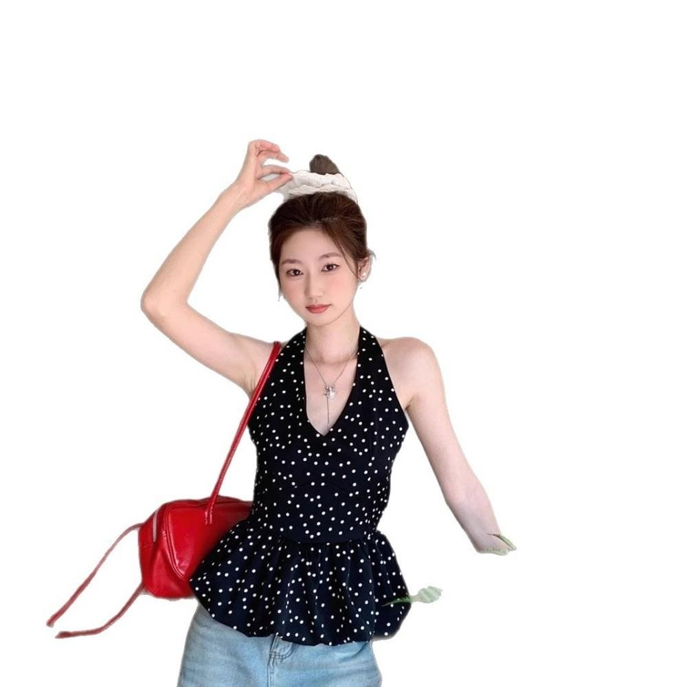 Y2k Halter Ruffle Vest Top Polka Dot Women Camisole Comfortable Sleeveless Crop Top Female