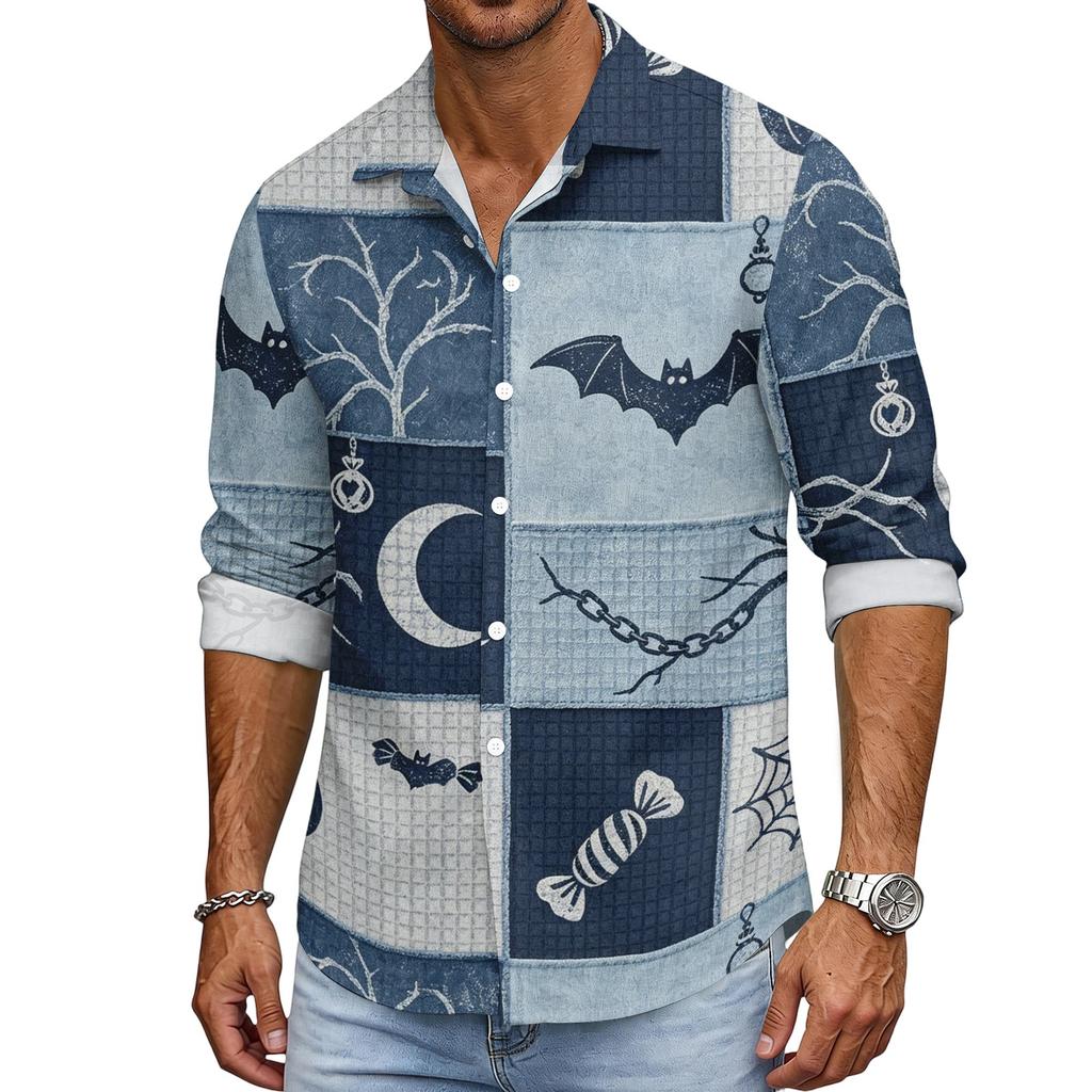 Men's Loose Fit Long Sleeve Shirt Halloween Design Breathable Casual Vintage Style Button Down Shirt for Spring and Autumn Outdoor Workwear