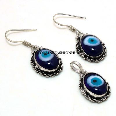 Blue Evil Eye Gemstone 925 Sterling Silver Plated Pendant Earring Set PES-S59