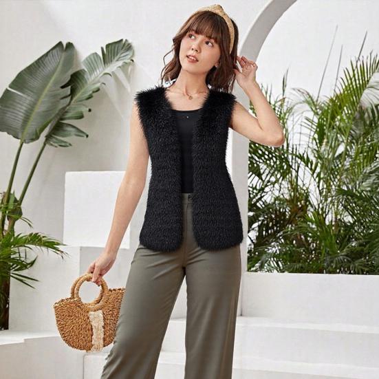 Women Imitation Fur Vest V-neck Sleeveless Open Front Plush Texture Solid Color Waistcoat Winter Thickened Vest Coat