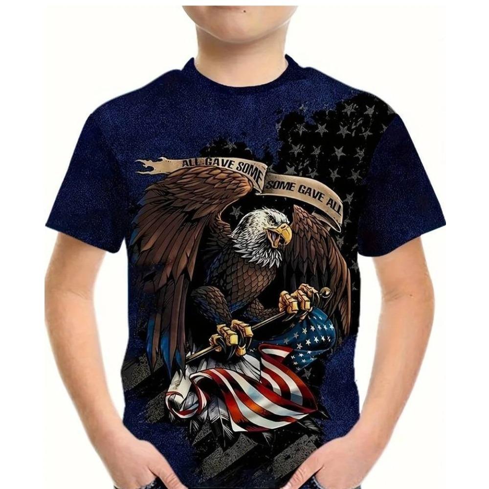 Boys' Short-Sleeved 3D Digital Print Casual T-Shirt with Eagle Design
