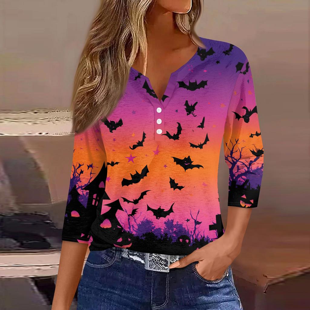 Women's Casual V-Neck Button Pullover T-Shirt with Halloween Print and Three-Quarter Sleeves